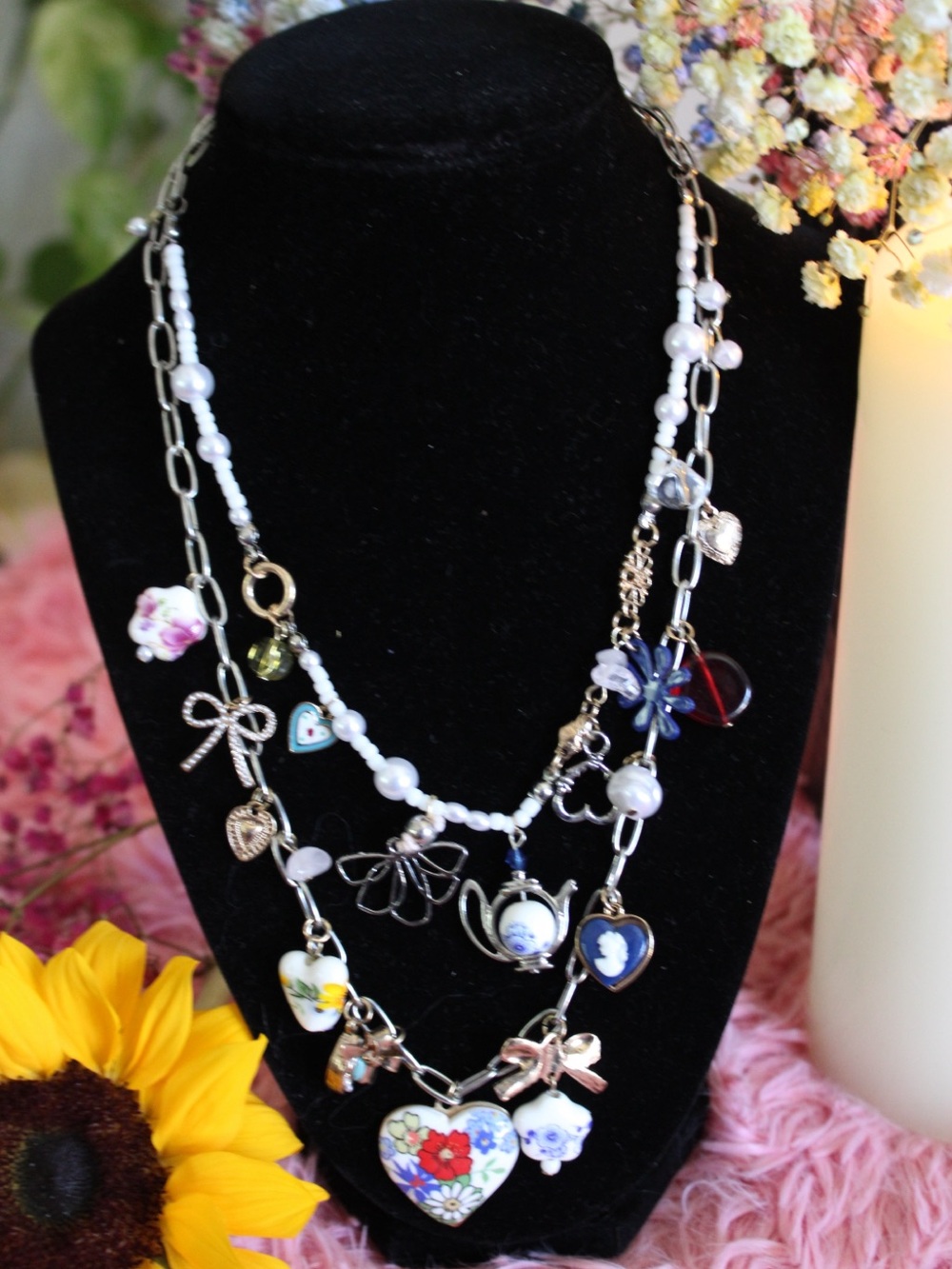 NWT Free People Layered Pearl Floral Charm Necklace MSRP $68 - Picture 8 of 14